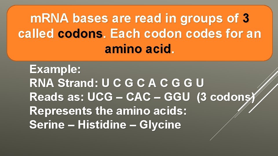 m. RNA bases are read in groups of 3 called codons. Each codon codes