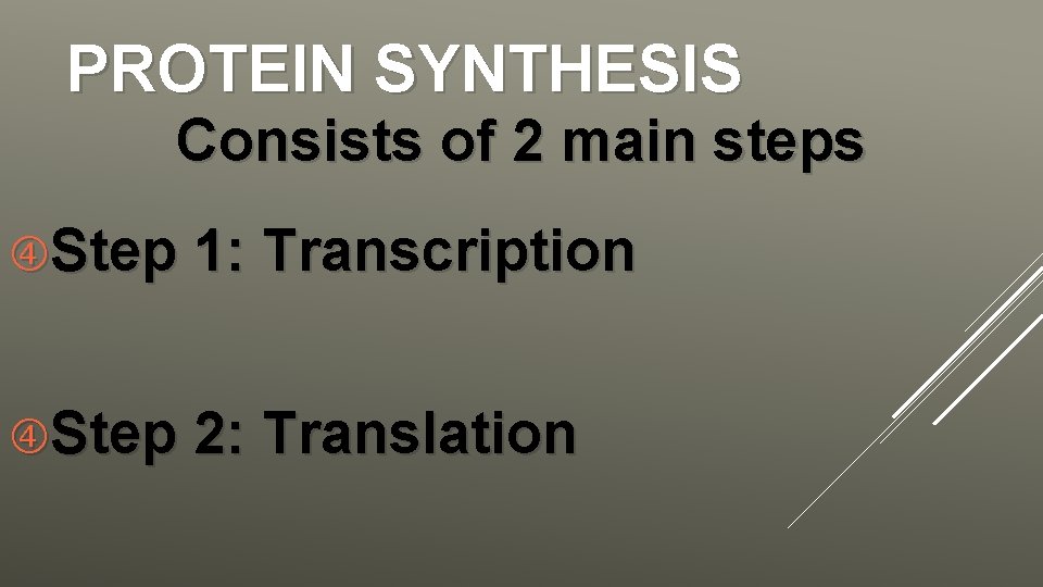 PROTEIN SYNTHESIS Consists of 2 main steps Step 1: Transcription Step 2: Translation 