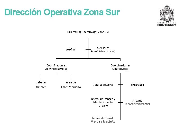 Dirección Operativa Zona Sur Director(a) Operativo(a) Zona Sur Auxiliar Coordinador(a) Administrativo(a) Jefe de Almacén