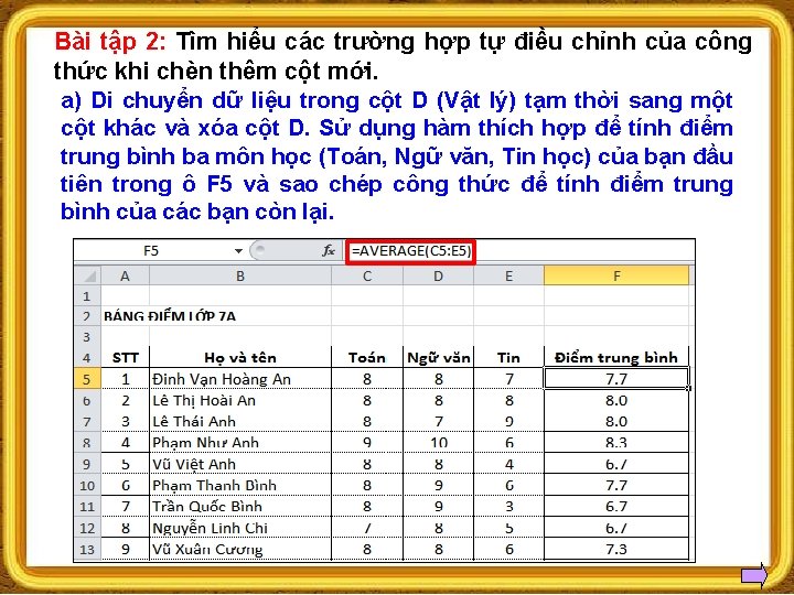 Bài tập 2: Tìm hiểu các trường hợp tự điều chỉnh của công thức