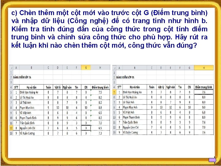 c) Chèn thêm một cột mới vào trước cột G (Điểm trung bình) và c) Chèn thêm một cột mới vào trước cột G (Điểm trung bình) và