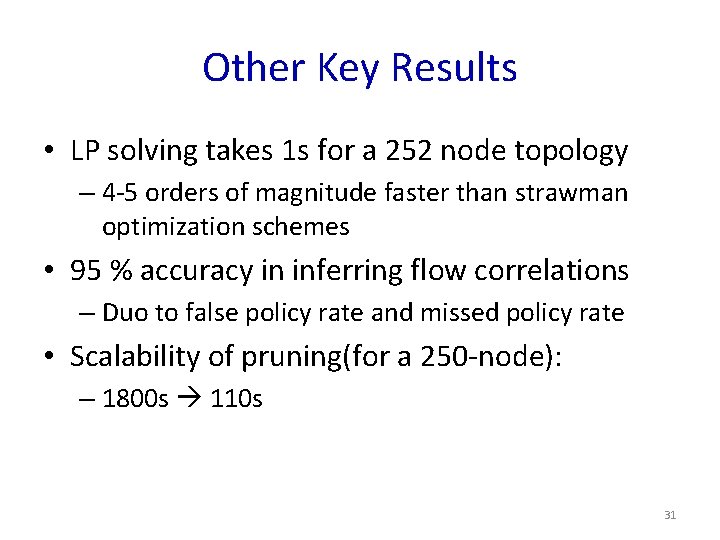Other Key Results • LP solving takes 1 s for a 252 node topology