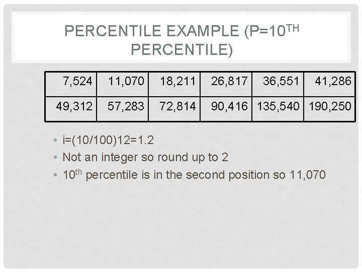 PERCENTILE EXAMPLE (P=10 TH PERCENTILE) 7, 524 11, 070 18, 211 26, 817 36,