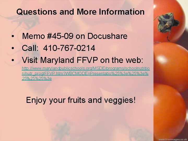 Questions and More Information • Memo #45 -09 on Docushare • Call: 410 -767