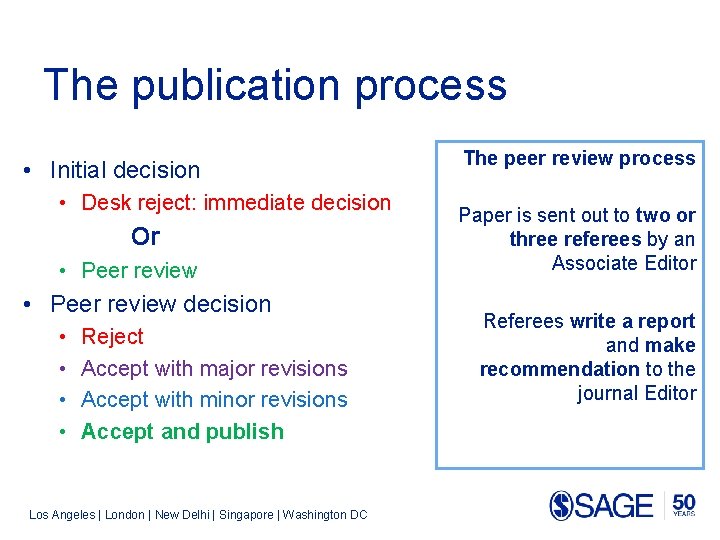The publication process • Initial decision • Desk reject: immediate decision Or • Peer