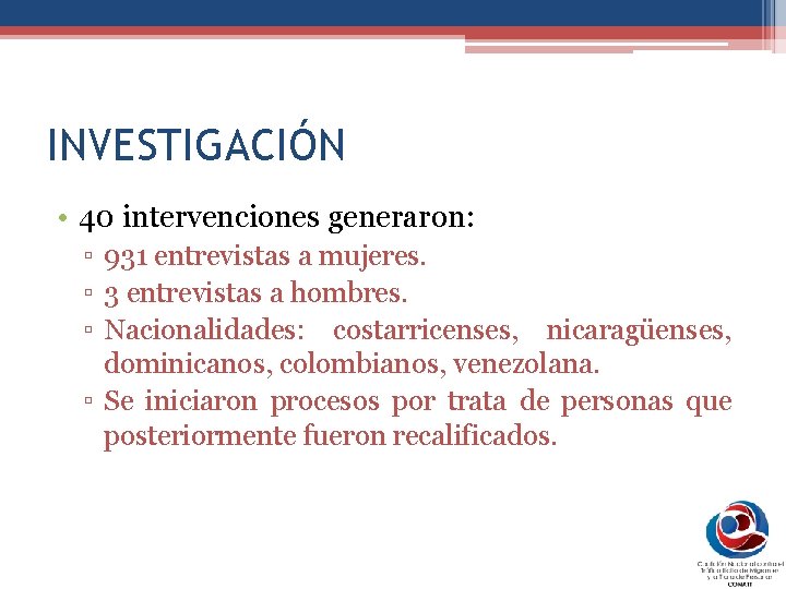 INVESTIGACIÓN • 40 intervenciones generaron: ▫ 931 entrevistas a mujeres. ▫ 3 entrevistas a