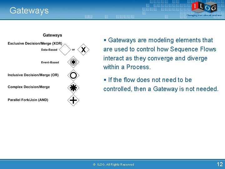Gateways § Gateways are modeling elements that are used to control how Sequence Flows
