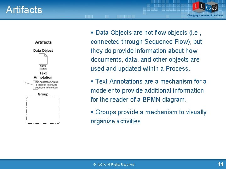 Artifacts § Data Objects are not flow objects (i. e. , connected through Sequence