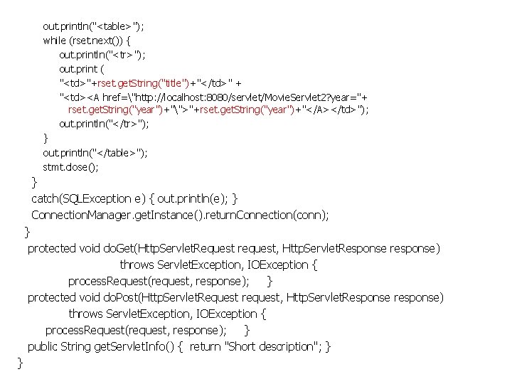 out. println("<table>"); while (rset. next()) { out. println("<tr>"); out. print ( "<td>"+rset. get. String("title")+"</td>"