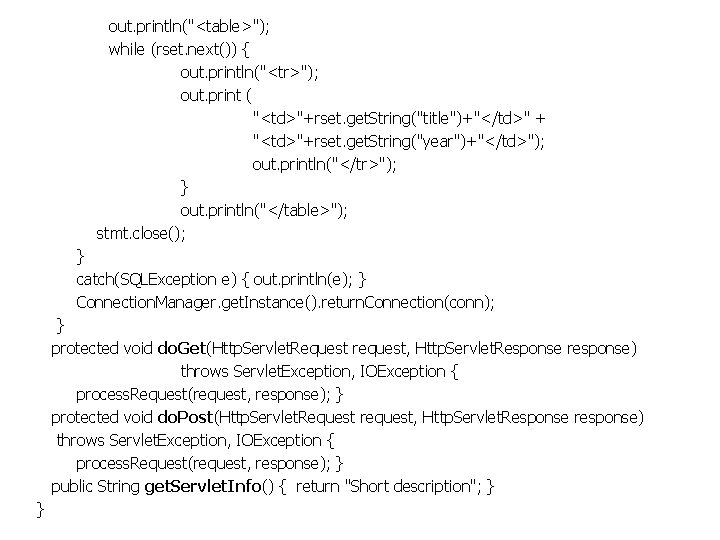 out. println("<table>"); while (rset. next()) { out. println("<tr>"); out. print ( "<td>"+rset. get. String("title")+"</td>"