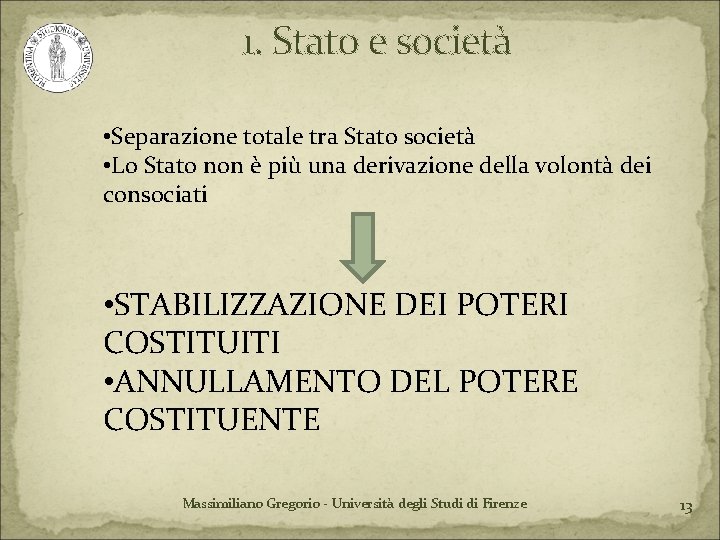 1. Stato e società • Separazione totale tra Stato società • Lo Stato non