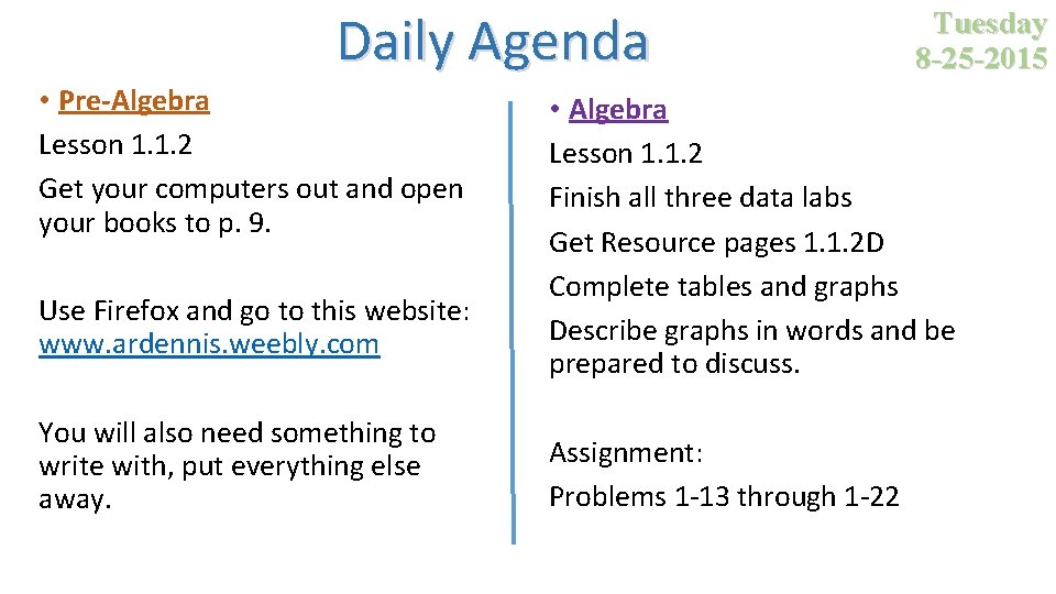 Daily Agenda • Pre-Algebra Lesson 1. 1. 2 Get your computers out and open