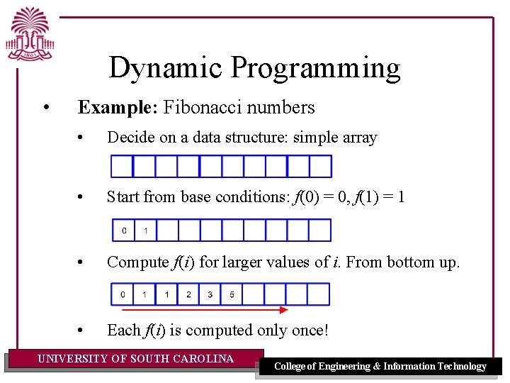 Dynamic Programming • Example: Fibonacci numbers • Decide on a data structure: simple array