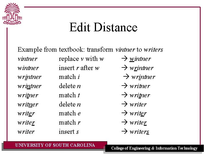 Edit Distance Example from textbook: transform vintner to writers vintner replace v with w