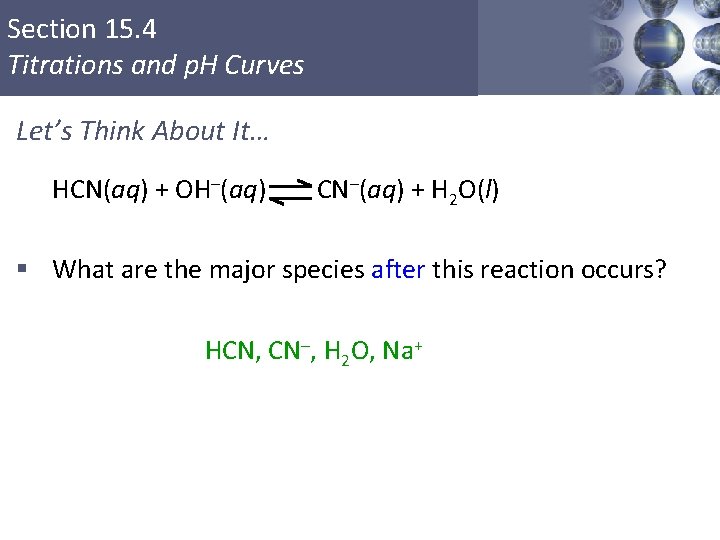 Section 15. 4 Titrations and p. H Curves Let’s Think About It… HCN(aq) +