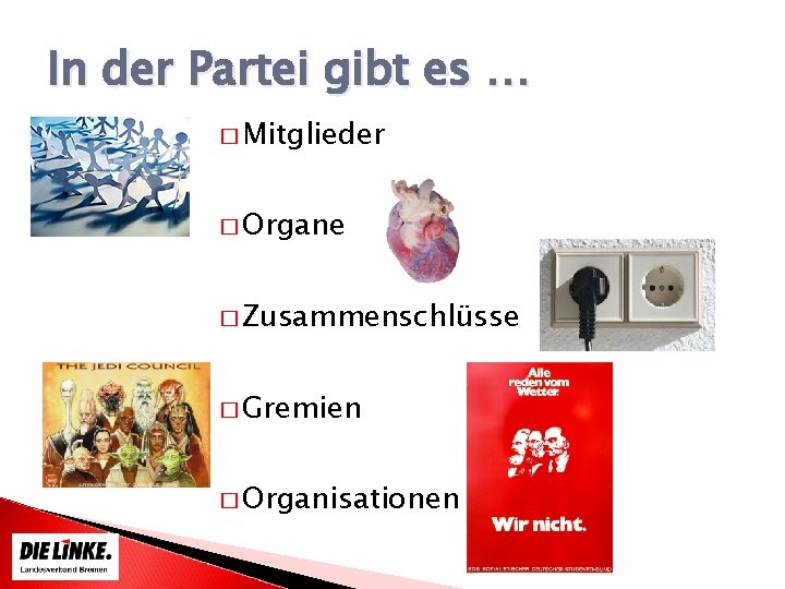 In der Partei gibt es … � Mitglieder � Organe � Zusammenschlüsse � Gremien