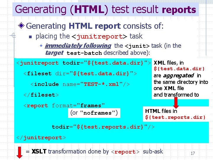 Generating (HTML) test result reports Generating HTML report consists of: n placing the <junitreport>