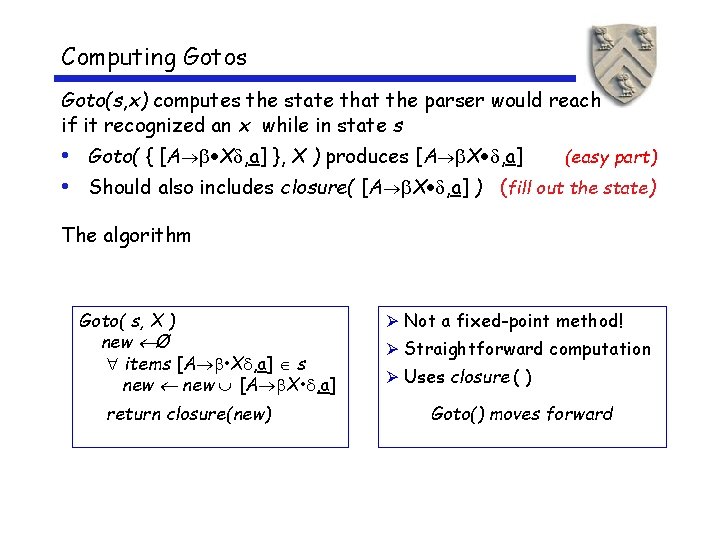 Computing Gotos Goto(s, x) computes the state that the parser would reach if it