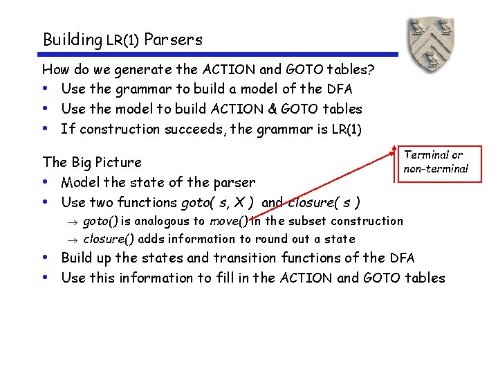 Building LR(1) Parsers How do we generate the ACTION and GOTO tables? • Use