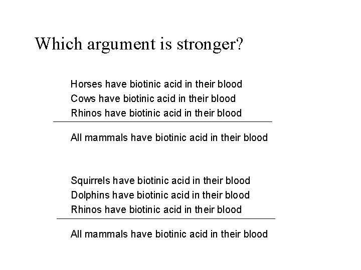 Which argument is stronger? Horses have biotinic acid in their blood Cows have biotinic