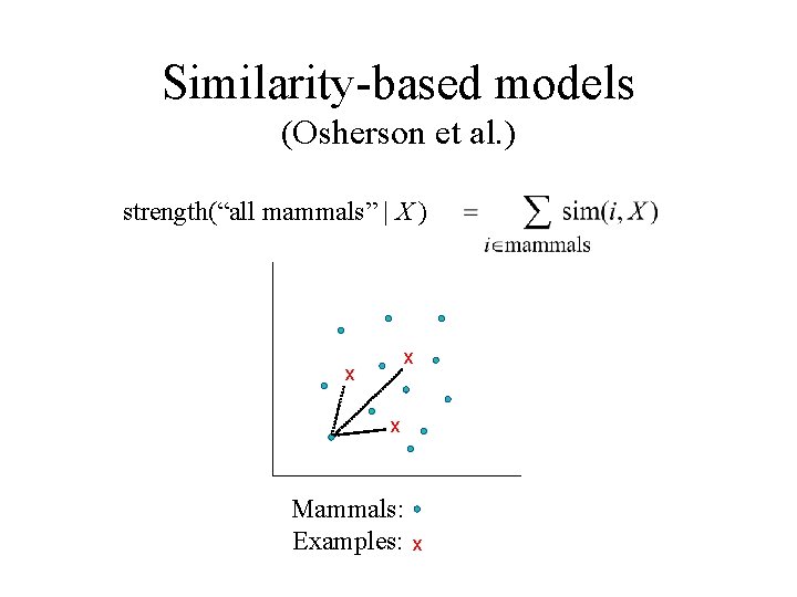 Similarity-based models (Osherson et al. ) strength(“all mammals” | X ) x x x