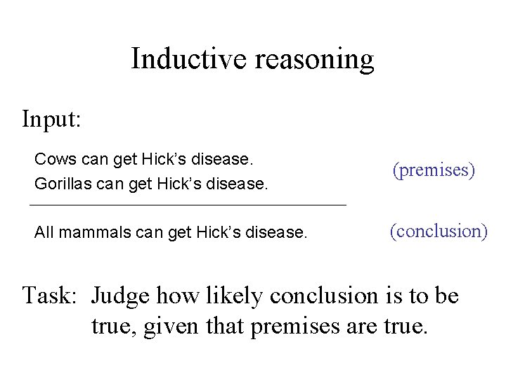 Inductive reasoning Input: Cows can get Hick’s disease. Gorillas can get Hick’s disease. (premises)
