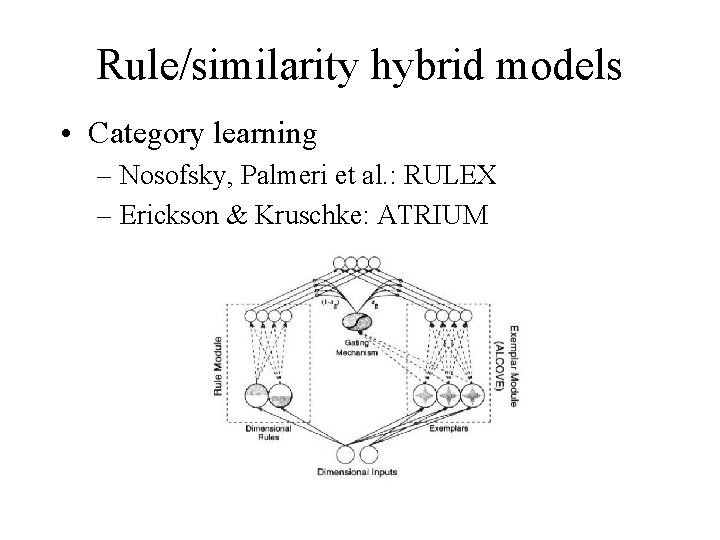 Rule/similarity hybrid models • Category learning – Nosofsky, Palmeri et al. : RULEX –