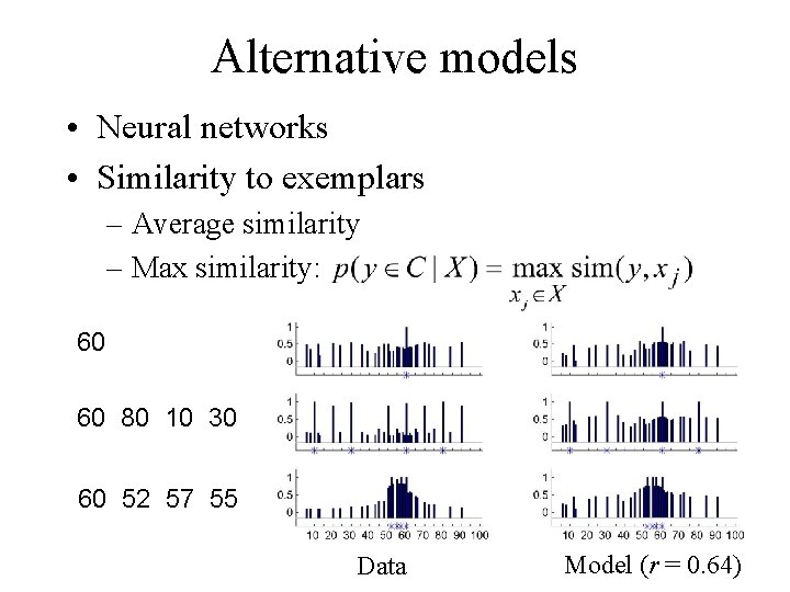 Alternative models • Neural networks • Similarity to exemplars – Average similarity – Max
