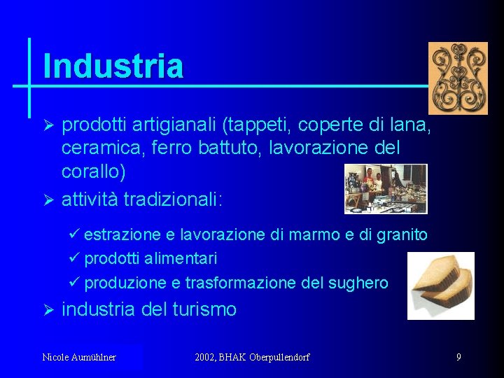 Industria prodotti artigianali (tappeti, coperte di lana, ceramica, ferro battuto, lavorazione del corallo) Ø