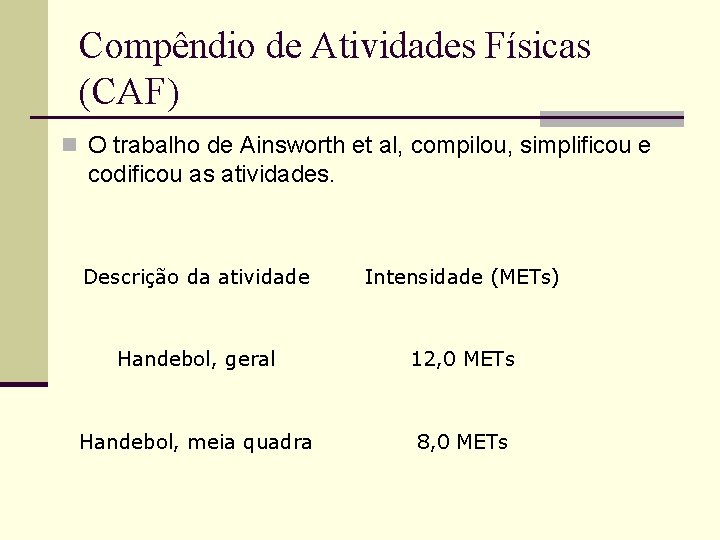 Compêndio de Atividades Físicas (CAF) n O trabalho de Ainsworth et al, compilou, simplificou