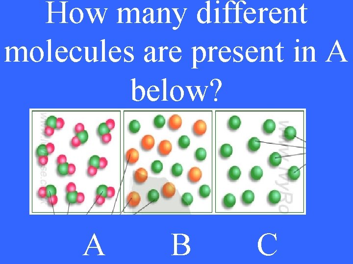 How many different molecules are present in A below? A B C 