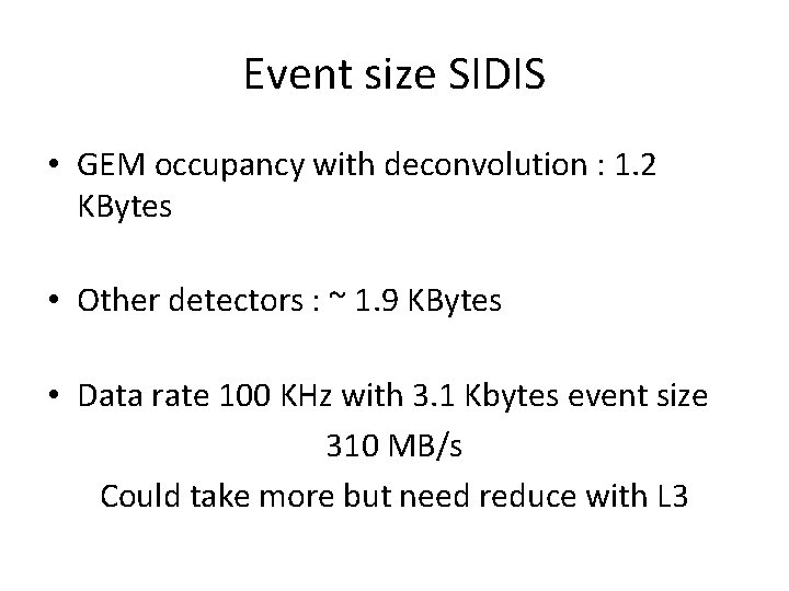 Event size SIDIS • GEM occupancy with deconvolution : 1. 2 KBytes • Other