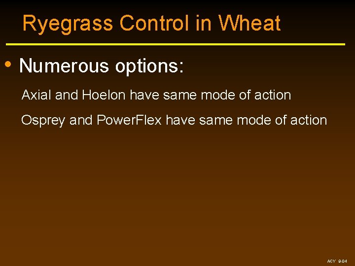 Ryegrass Control in Wheat • Numerous options: Axial and Hoelon have same mode of