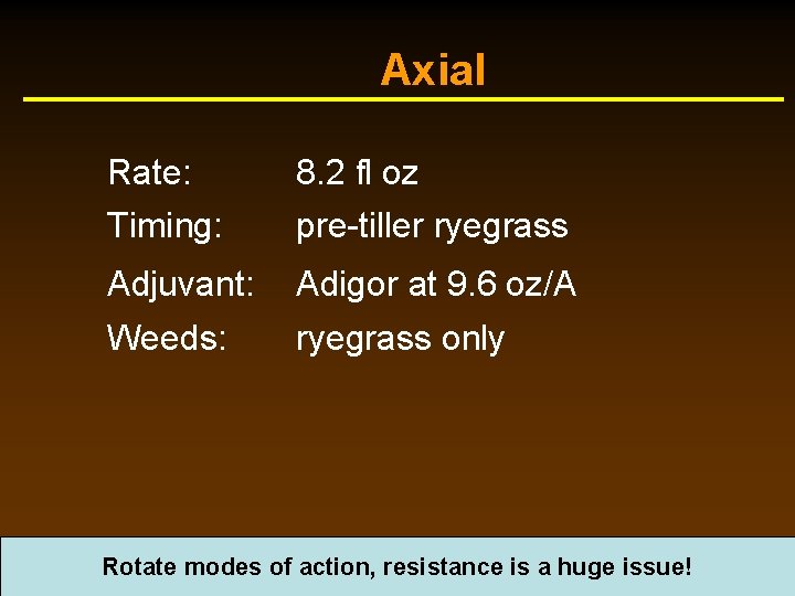 Axial Rate: Timing: 8. 2 fl oz pre-tiller ryegrass Adjuvant: Adigor at 9. 6