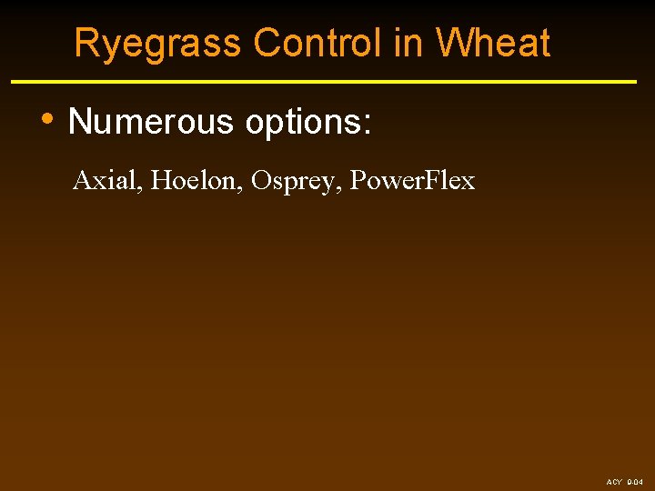 Ryegrass Control in Wheat • Numerous options: Axial, Hoelon, Osprey, Power. Flex ACY 9