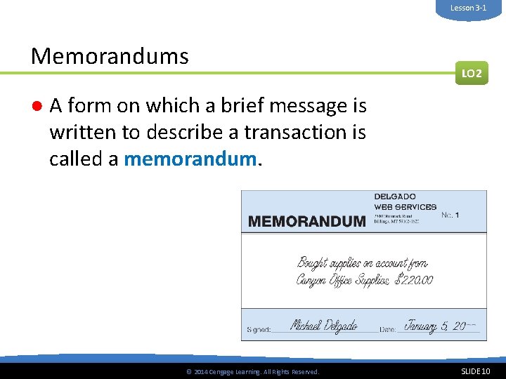 Lesson 3 -1 Memorandums LO 2 ● A form on which a brief message