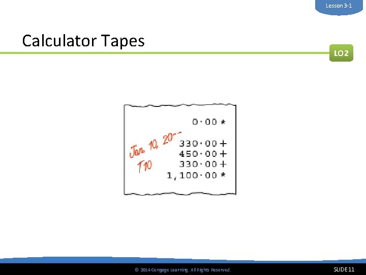 Lesson 3 -1 Calculator Tapes © 2014 Cengage Learning. All Rights Reserved. LO 2