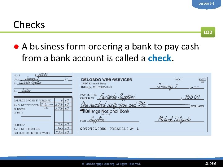 Lesson 3 -1 Checks LO 2 ● A business form ordering a bank to