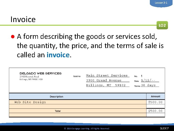 Lesson 3 -1 Invoice LO 2 ● A form describing the goods or services