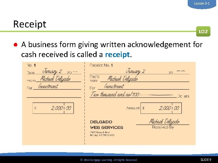 Lesson 3 -1 Receipt LO 2 ● A business form giving written acknowledgement for
