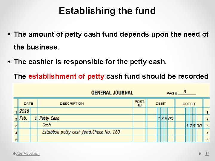 Establishing the fund The amount of petty cash fund depends upon the need of