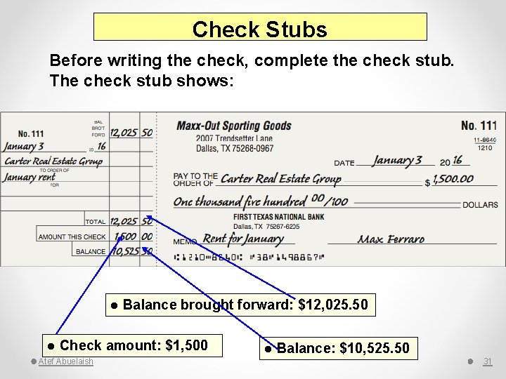 Check Stubs Before writing the check, complete the check stub. The check stub shows: