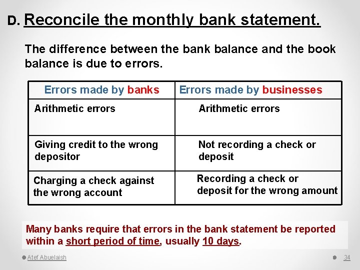 D. Reconcile the monthly bank statement. The difference between the bank balance and the