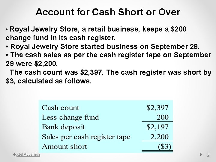 Account for Cash Short or Over • Royal Jewelry Store, a retail business, keeps