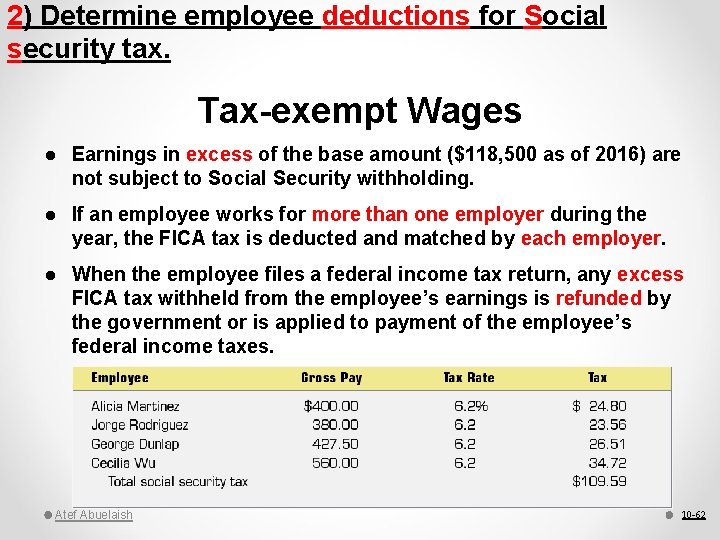 2) Determine employee deductions for Social security tax. Tax-exempt Wages l Earnings in excess