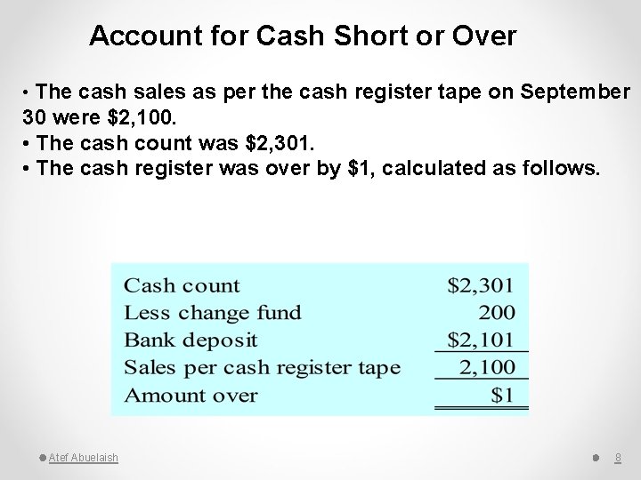 Account for Cash Short or Over • The cash sales as per the cash