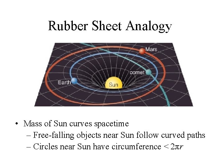 Rubber Sheet Analogy • Mass of Sun curves spacetime – Free-falling objects near Sun