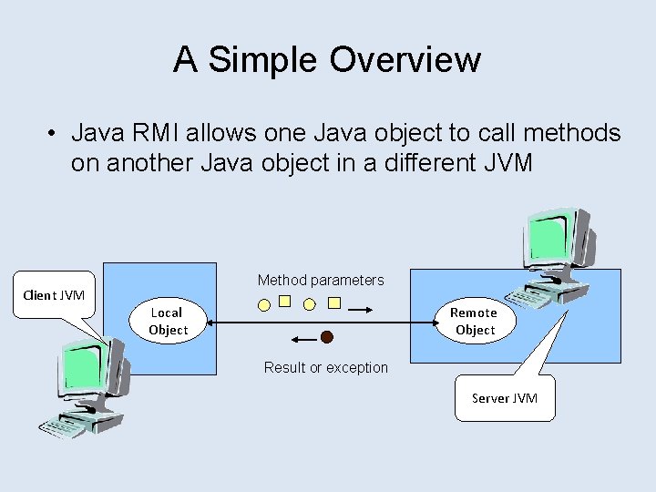 A Simple Overview • Java RMI allows one Java object to call methods on