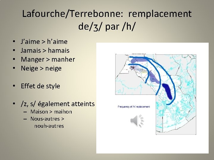 Lafourche/Terrebonne: remplacement de/ʒ/ par /h/ • • J’aime > h’aime Jamais > hamais Manger