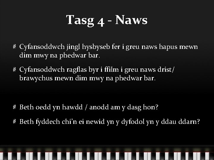 Tasg 4 - Naws Cyfansoddwch jingl hysbyseb fer i greu naws hapus mewn dim